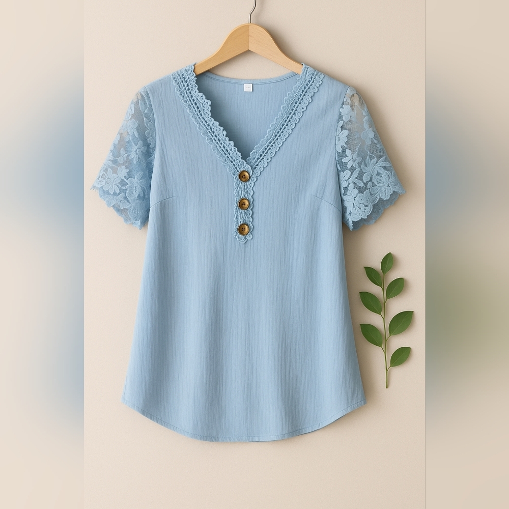 #232 Light Blue Lace Trimmed Women's Top
